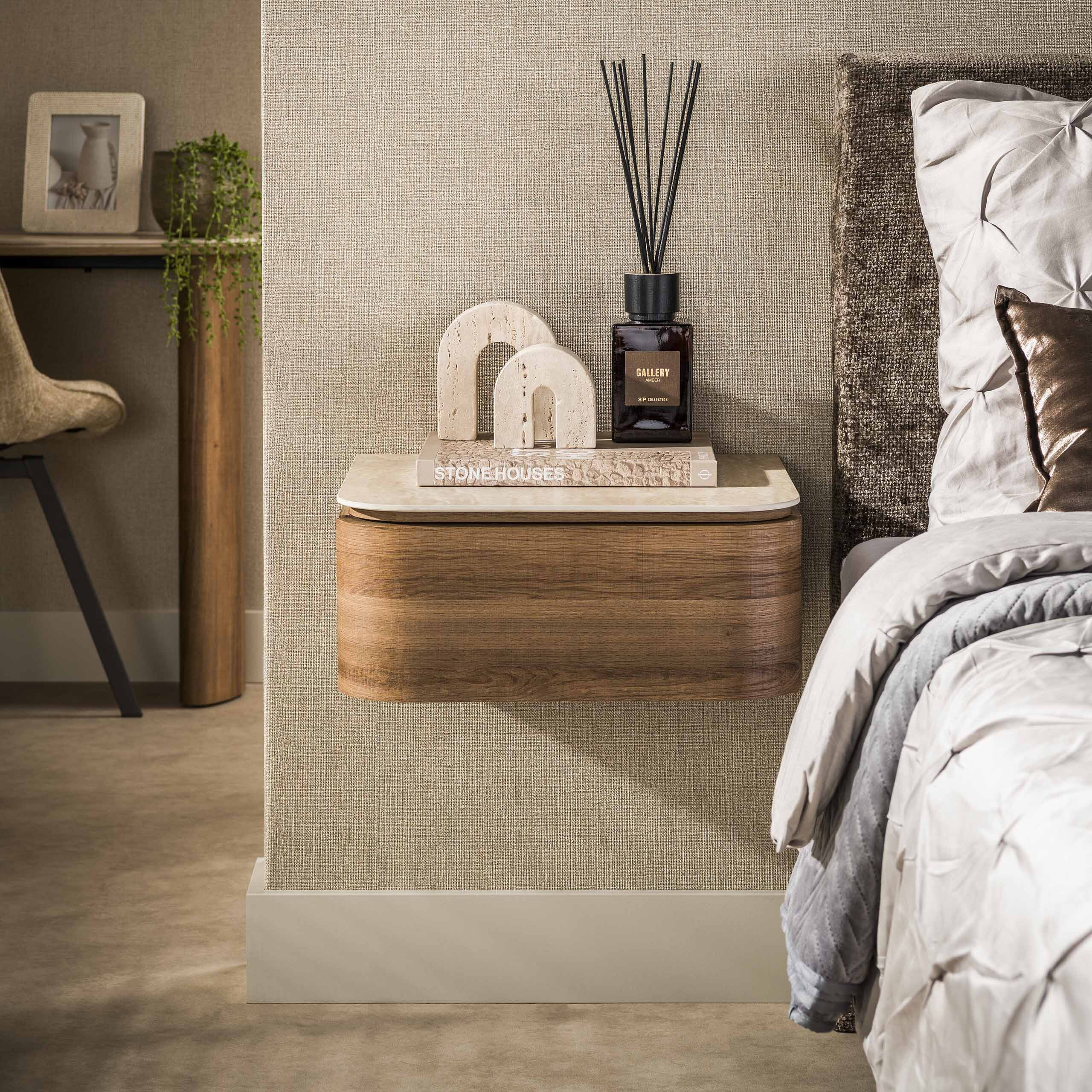 LifestyleFurn Zwevend Nachtkastje Nikka Eikenlook en travertinlook