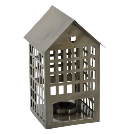 Metalen huisje waxinehouder olive hoog |