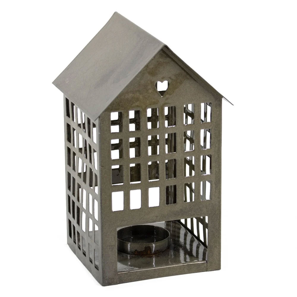 Metalen huisje waxinehouder olive hoog |
