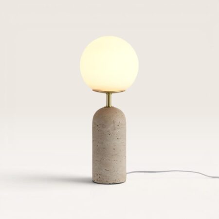 Naeva - Design Tafellamp Travertin voet met glazen bol 40 cm - Dressoir lamp - Japandi design - E27 fitting - Opaalglas - Met aan/uit-schakelaar | LUSENZ