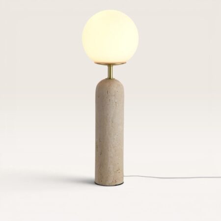Naeva - Design Tafellamp Travertin voet met glazen bol 50 cm - Dressoir lamp - Japandi design - E27 fitting - Opaalglas - Met aan/uit-schakelaar | LUSENZ