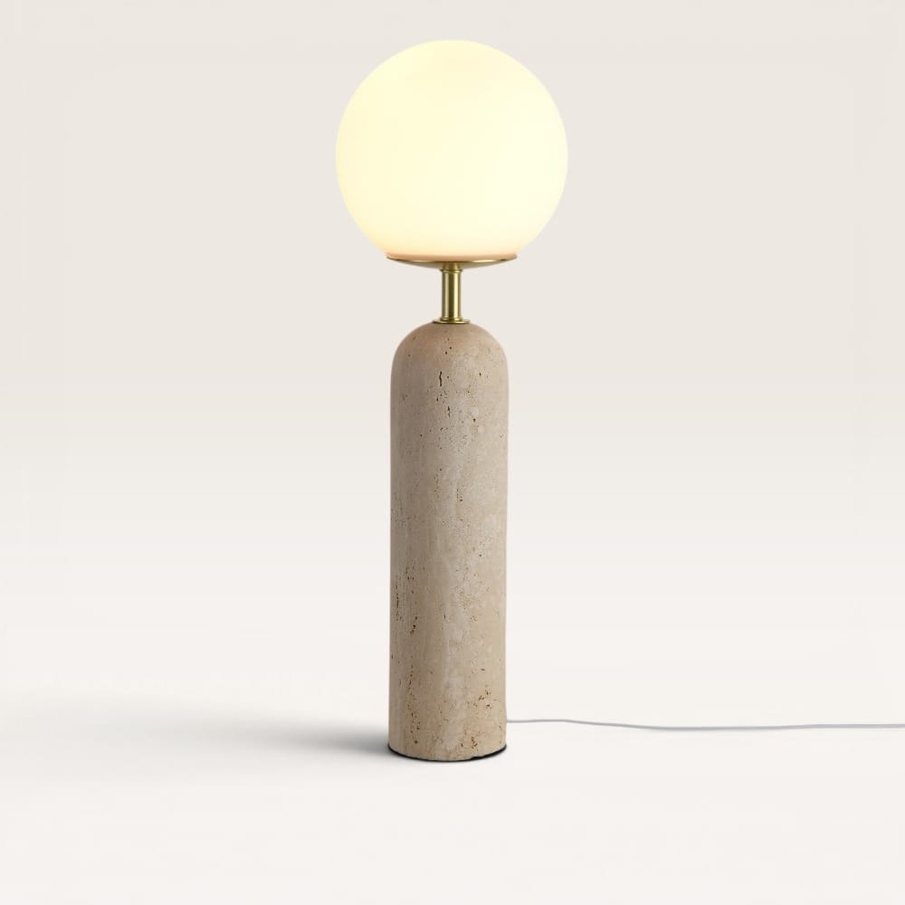 Naeva - Design Tafellamp Travertin voet met glazen bol 50 cm - Dressoir lamp - Japandi design - E27 fitting - Opaalglas - Met aan/uit-schakelaar | LUSENZ