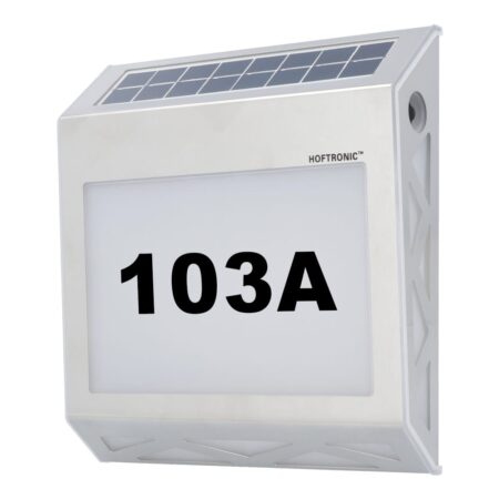 Numa - LED Solar Huisnummer - Wandlamp - 3000K Warm wit - 40 Lumen - Schemerschakelaar - Polykristal solar - IP65 - Zilver - Solar huisnummerverlichting | HOFTRONIC
