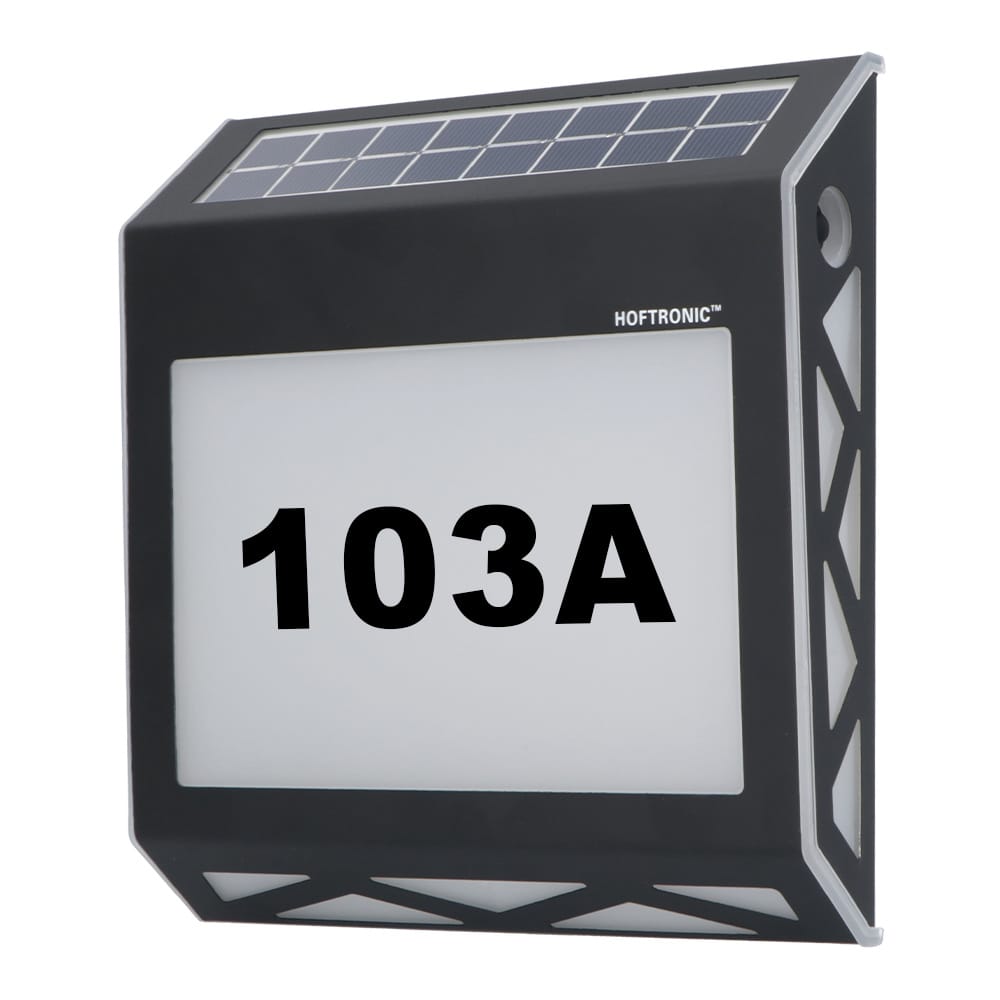 Numa - LED Solar Huisnummer - Wandlamp - 3000K Warm wit - 40 Lumen - Schemerschakelaar - Polykristal solar - IP65 - Zwart - Solar huisnummerverlichting | HOFTRONIC