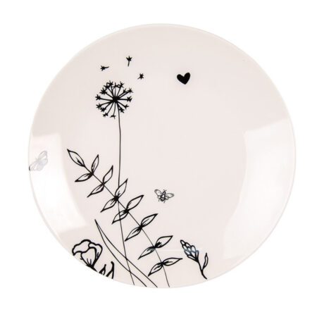 Ontbijtbord beige met zwarte bloemen | Clayre&Eef