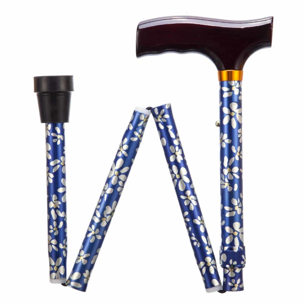 Opvouwbare wandelstok | Gebloemd | Blauw | Lengte 84 - 94 cm | Houten handvat | PR30120-BP | ThuiszorgwinkelXL