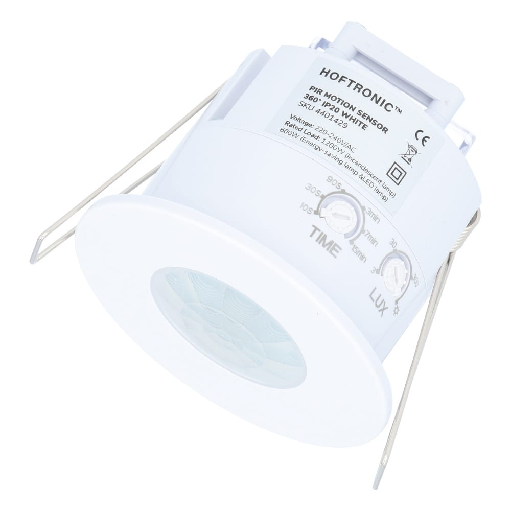 PIR bewegingssensor met schemerschakelaar - 360° - Opbouw - 8 meter bereik - Maximaal 600 Watt - IP20 voor binnen - Wit | HOFTRONIC