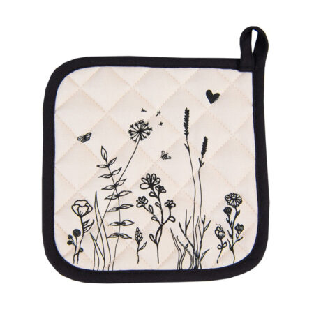 Pannenlap beige met bloemen zwart | Clayre&Eef