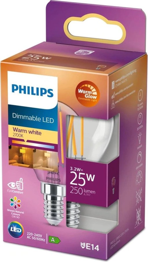 Philips led lamp E14 25W 250Lm kogel filament dimbaar | Philips
