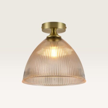 Plafondlamp Ciotola ambra - Koepelvormige bol van geribbeld amberkleurig glas en metalen gouden drager - Zonder lichtbron | LUSENZ
