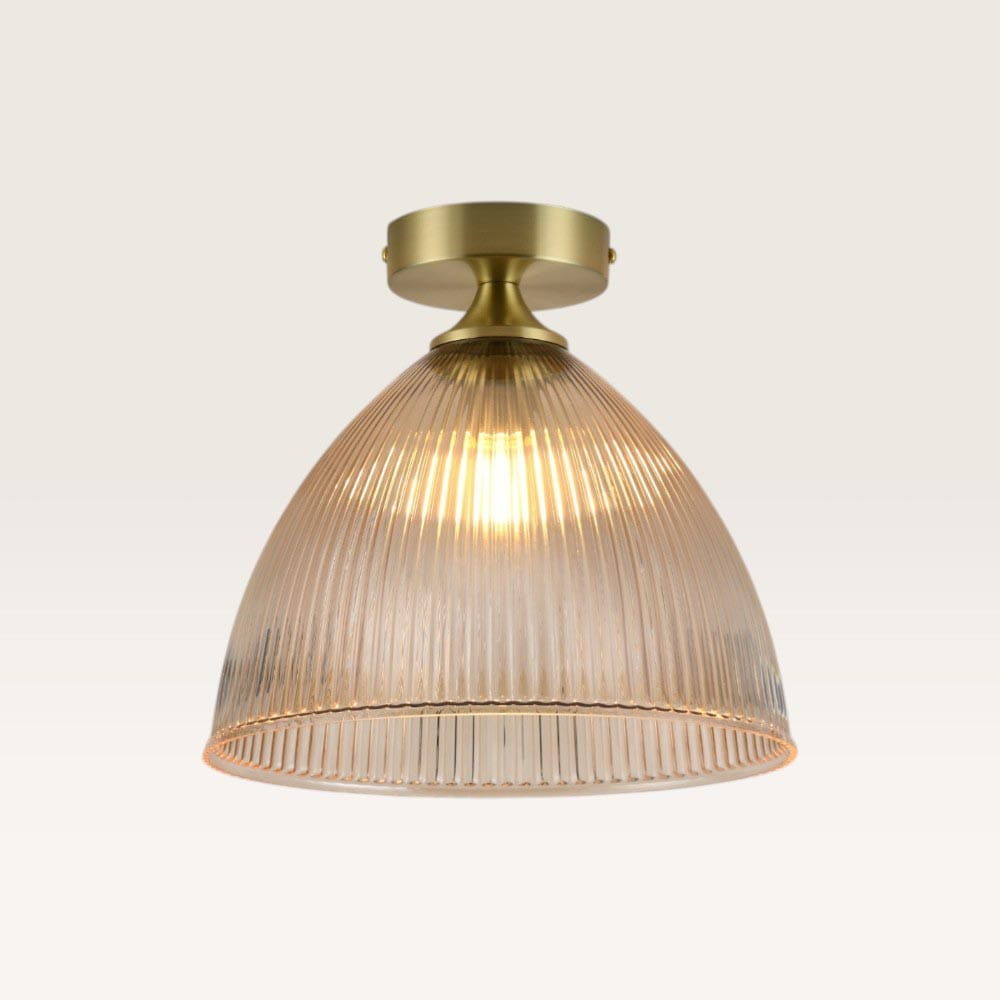 Plafondlamp Ciotola ambra - Koepelvormige bol van geribbeld amberkleurig glas en metalen gouden drager - Zonder lichtbron | LUSENZ