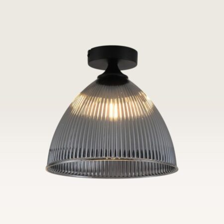 Plafondlamp Ciotola vetro fumé - Koepelvormige bol van geribbeld rookglas en metalen zwarte drager - Zonder lichtbron | LUSENZ