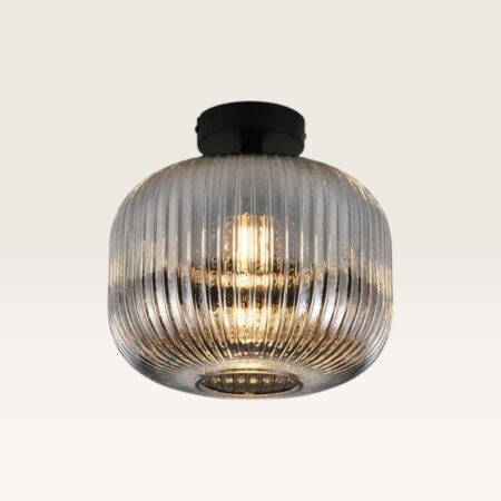Plafondlamp Virello vetro fumé - Bol van geribbeld rookglas en zwarte drager van metaal - Zonder lichtbron | LUSENZ