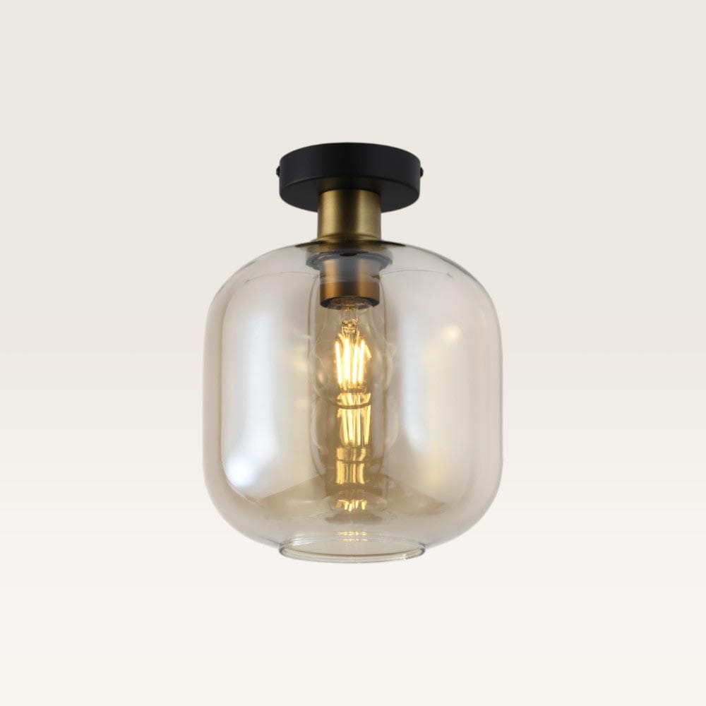 Plafondlamp Xirena ambra - Met een bol van amberkleurig glas en een zwarte metalen plafondplaat - Zonder lichtbron | LUSENZ