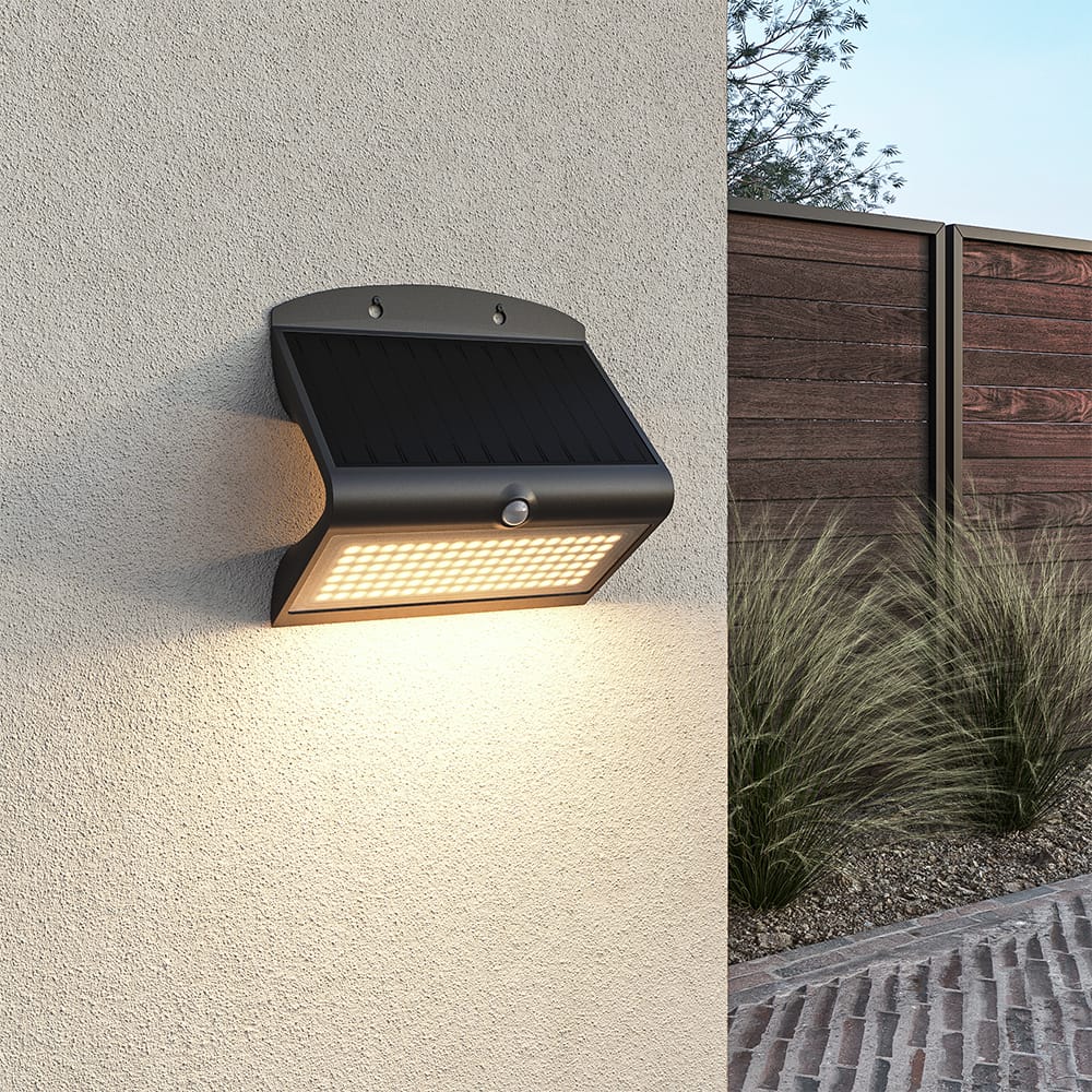 Rhodes Solar Wandlamp Up & Down - met Bewegingssensor - 8W - 3000K Warm wit - 2 lichtstanden - IP65 waterdicht - Wandlamp Schutting - Zwart | HOFTRONIC