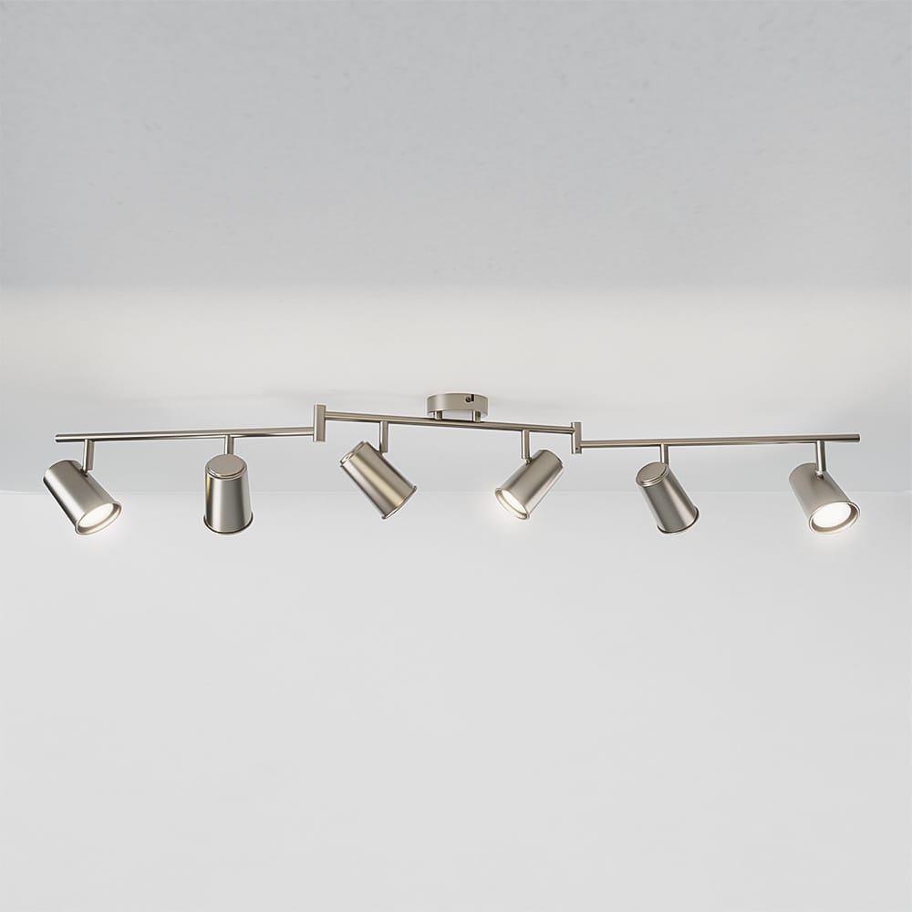 Riga - LED plafondlamp - 24 Watt 2070 Lumen - 6 spots - 4000K Neutraal wit - Draaibaar en dimbaar - GU10 - Kantelbaar - Plafondspot - IP20 Voor binnen - RVS | HOFTRONIC