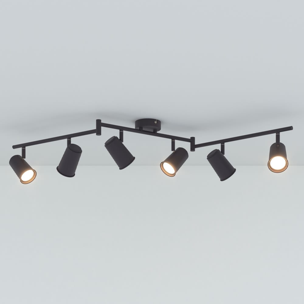Riga - LED plafondlamp - 24 Watt 2070 Lumen - 6 spots - 4000K Neutraal wit - Draaibaar en dimbaar - GU10 - Kantelbaar - Plafondspot - IP20 Voor binnen - Zwart | HOFTRONIC