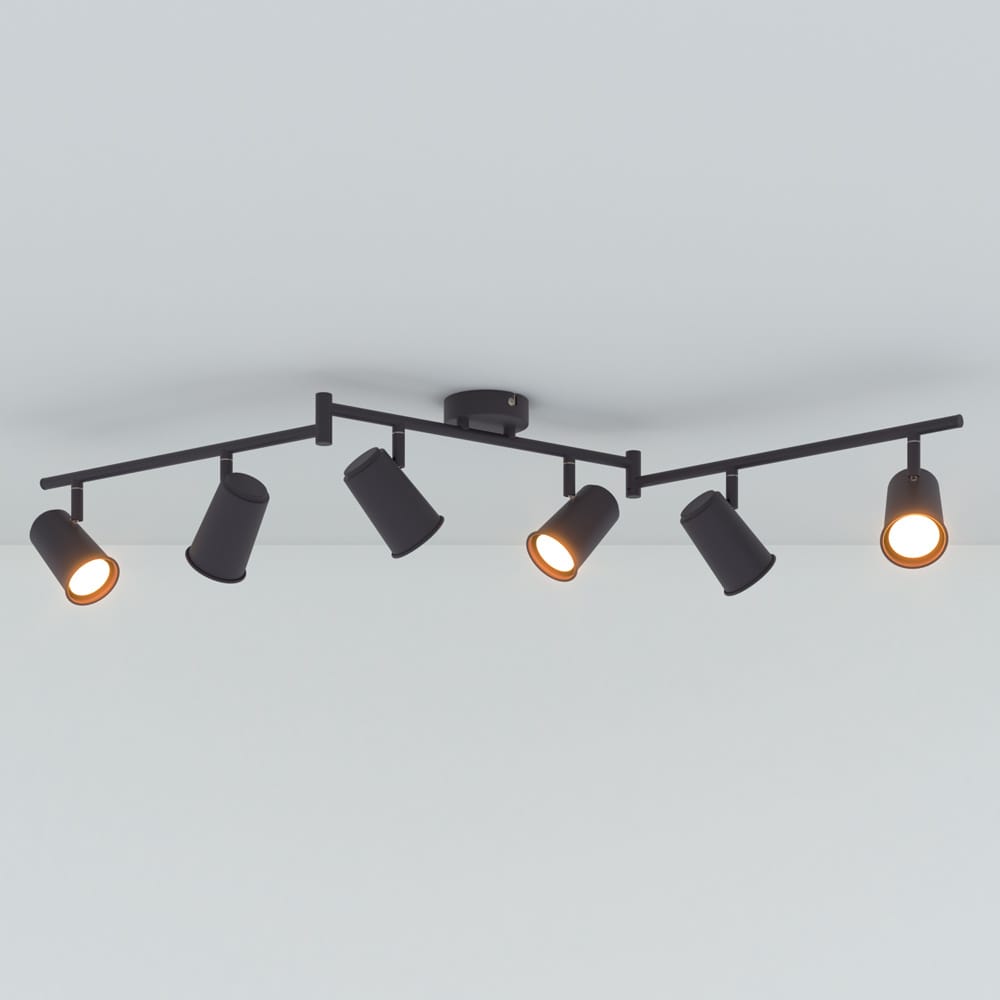 Riga - LED plafondlamp - 24 Watt 2070 lumen - 6 spots - 2700K Warm wit - Draaibaar en dimbaar - GU10 - Kantelbaar - Plafondspot - IP20 Voor binnen - Zwart | HOFTRONIC