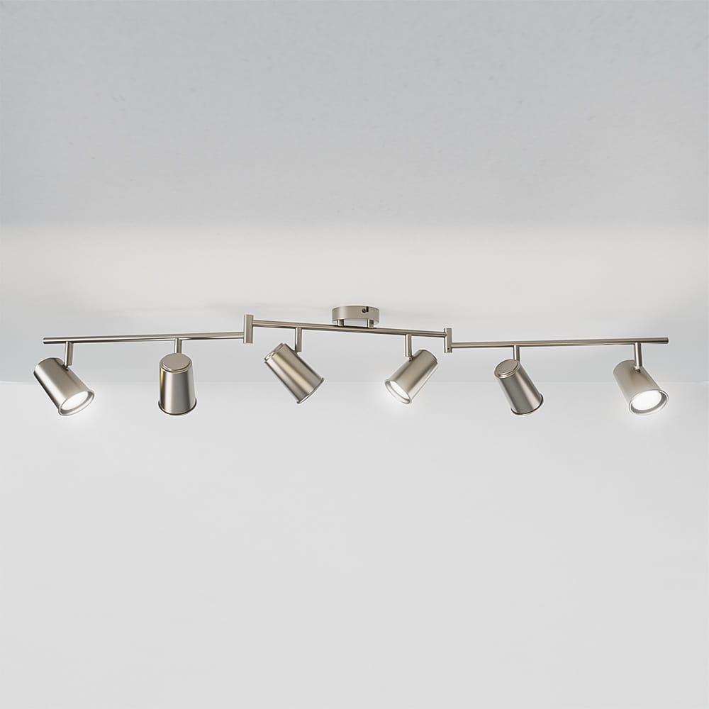 Riga - LED plafondlamp - 24 Watt 2345 Lumen - 6 spots - 6500K Neutraal wit - Draaibaar en dimbaar - GU10 - Kantelbaar - Plafondspot - IP20 Voor binnen - RVS | HOFTRONIC