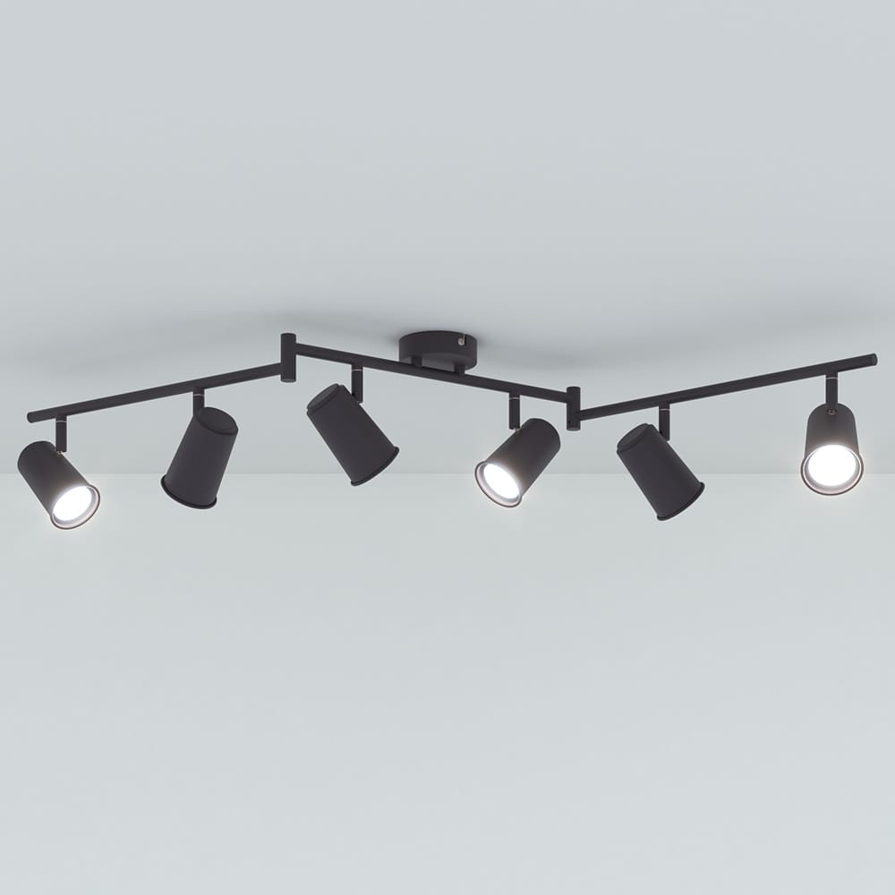Riga - LED plafondlamp - 24 Watt 2345 Lumen - 6 spots - 6500K Neutraal wit - Draaibaar en dimbaar - GU10 - Kantelbaar - Plafondspot - IP20 Voor binnen - Zwart | HOFTRONIC