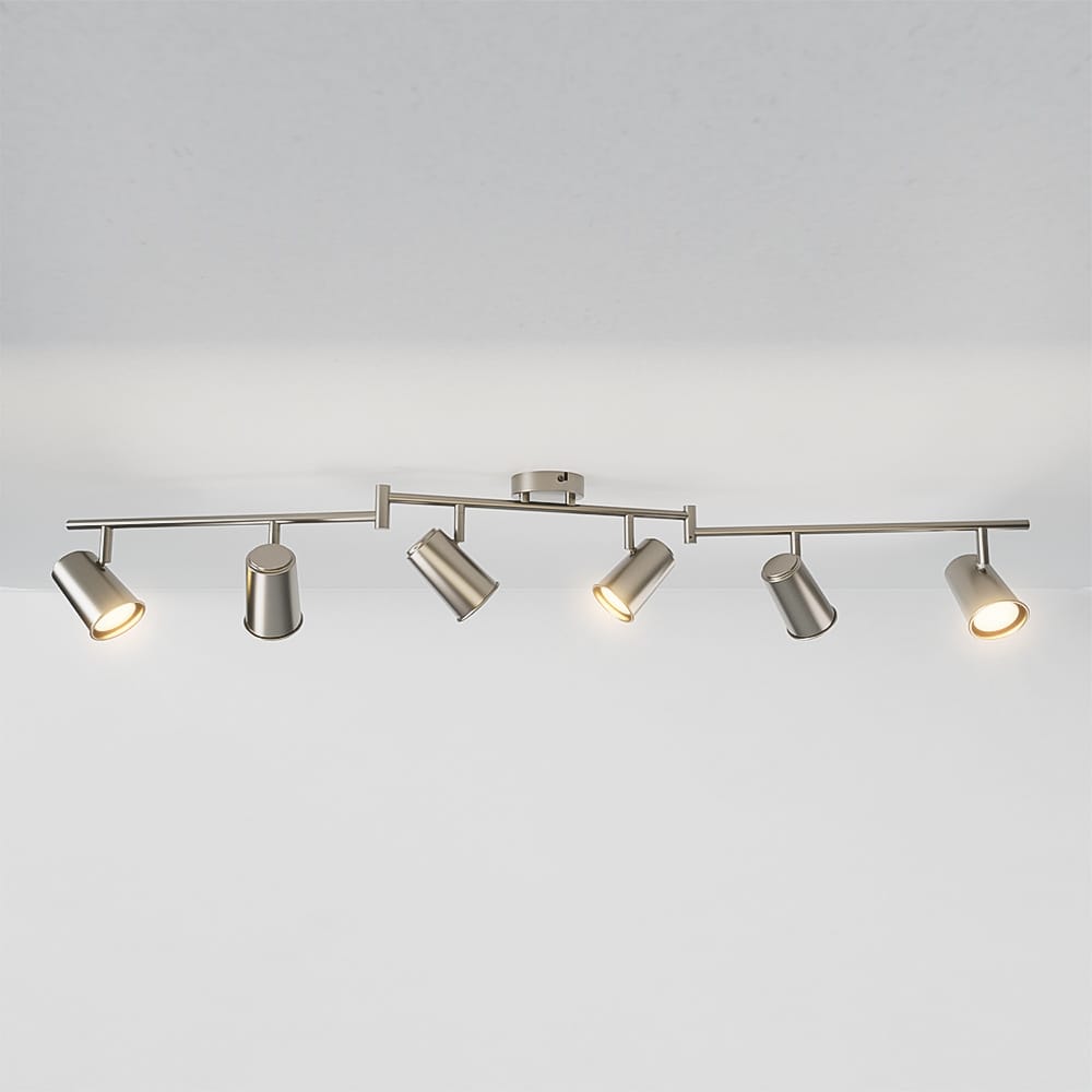 Riga - LED plafondlamp - 30 Watt 2345 lumen - 6 spots - 2700K Warm wit - Draaibaar en dimbaar - GU10 - Kantelbaar - Plafondspot - IP20 Voor binnen - RVS | HOFTRONIC