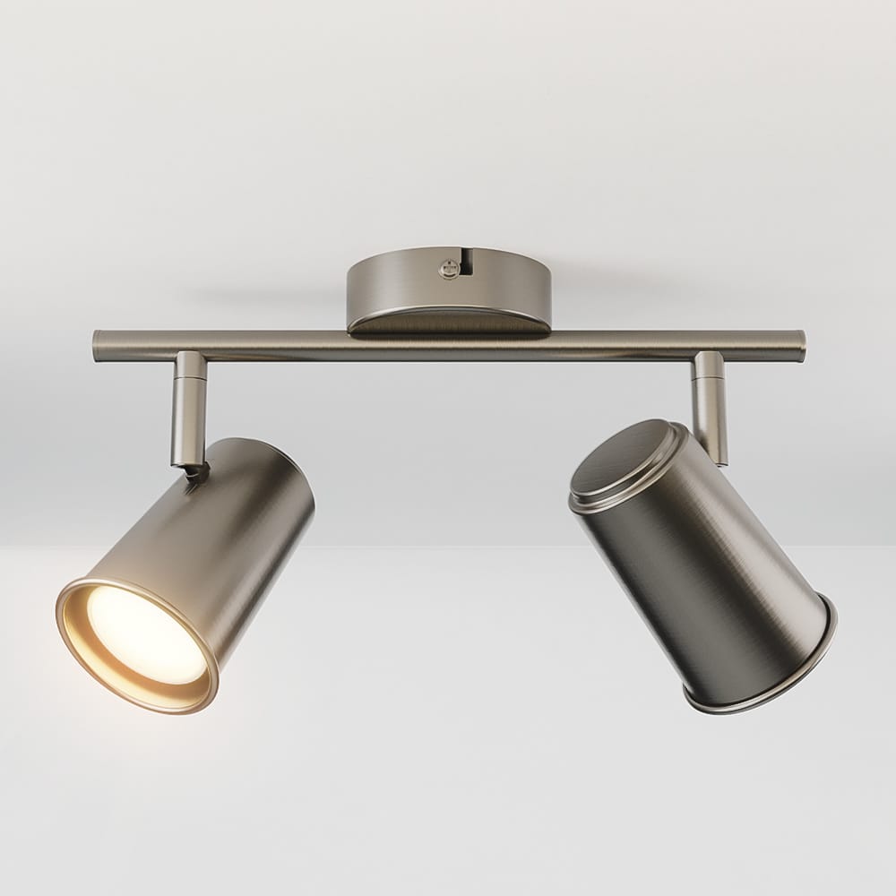 Riga - LED plafondlamp - 8 watt 690 lumen - 2 spots - 2700K Warm wit - Draaibaar en dimbaar - GU10 - Kantelbaar - Plafondspot - IP20 Voor binnen - RVS | HOFTRONIC