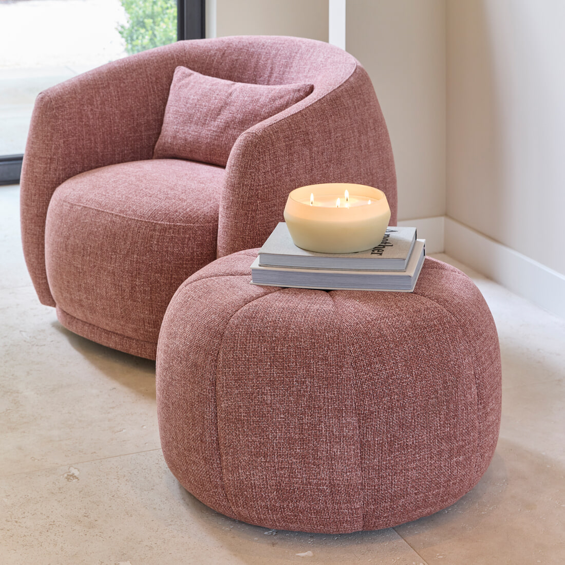 Rivièra Maison Poef Falcone Chenille - Coral Pink | Rivièra Maison