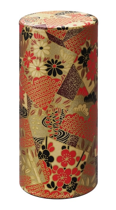 Roestvrijstalen Theeblik - Tokyo Design Studio - Rode/Gouden Bloemen - 200gr - 7.4x15.5cm | Tokyo Design Studio