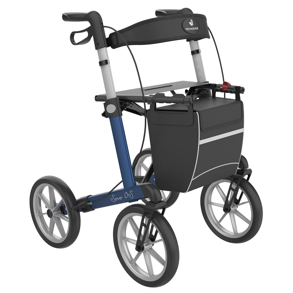 Rollator Server OS | Grote wielen | Soft banden | Electric blue | Lengte: 165 - 195 cm | Met rugsteun en tas | Lichtgewicht rollator | Rehasense | Rehasense