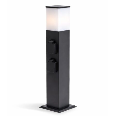 Rustic M Buitenstopcontactpaal 51cm - LED sokkellamp met buitenstopcontact - 4 stopcontacten - IP44 waterdicht - E27 fitting - Zwart - Tuinlantaarn | HOFTRONIC