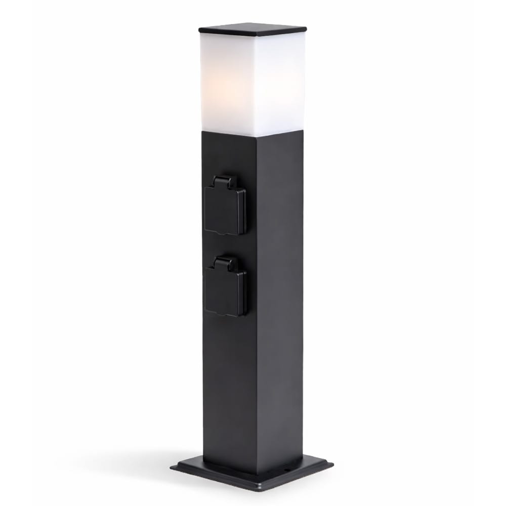 Rustic M Buitenstopcontactpaal 51cm - LED sokkellamp met buitenstopcontact - 4 stopcontacten - IP44 waterdicht - E27 fitting - Zwart - Tuinlantaarn | HOFTRONIC