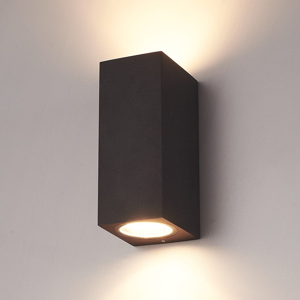 Selma Dimbare LED Wandlamp - 2x GU10 - IP65 - Up & Down Light - Vierkant - Zwart - Voor binnen en buiten | HOFTRONIC