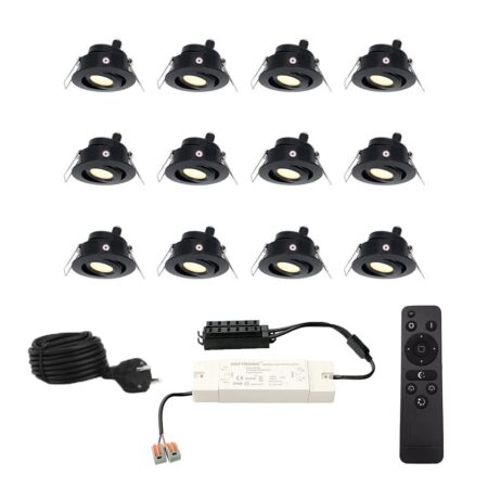Set met 12 Sienna 12V inbouwspots - 3 Watt 200 lumen - 2700K warm wit - Zwart - IP44 waterdicht - kantelbaar - verandaspots - met afstandsbediening | HOFTRONIC