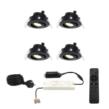 Set met 4 Sienna 12V inbouwspots - 3 Watt 200 lumen - 2700K warm wit - Zwart - IP44 waterdicht - kantelbaar - verandaspots - met afstandsbediening | HOFTRONIC