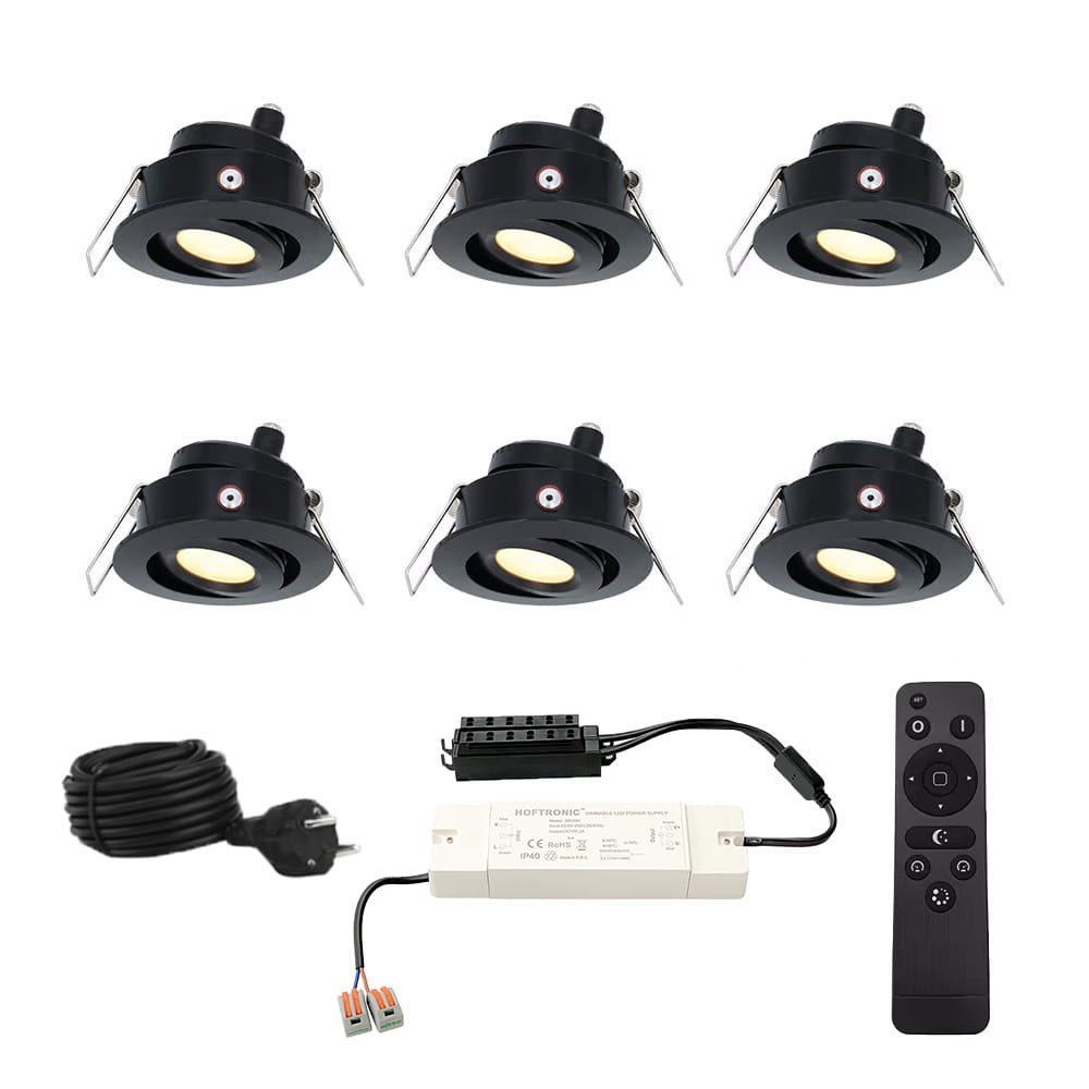 Set met 6 Sienna 12V inbouwspots - 3 Watt 200 lumen - 2700K warm wit - Zwart - IP44 waterdicht - kantelbaar - verandaspots - met afstandsbediening | HOFTRONIC