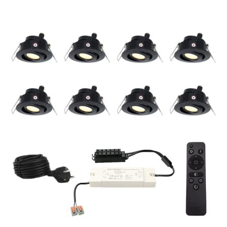 Set met 8 Sienna 12V inbouwspots - 3 Watt 200 lumen - 2700K warm wit - Zwart - IP44 waterdicht - kantelbaar - verandaspots - met afstandsbediening | HOFTRONIC