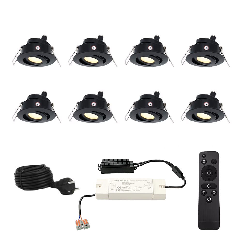 Set met 8 Sienna 12V inbouwspots - 3 Watt 200 lumen - 2700K warm wit - Zwart - IP44 waterdicht - kantelbaar - verandaspots - met afstandsbediening | HOFTRONIC