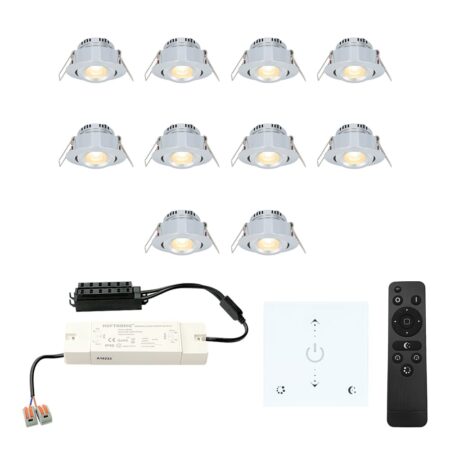 Set van 10 Granada LED Mini Inbouwspots met trafo en muurdimmer - 12 Volt 3 Watt 200 lumen - Dimbaar - Kantelbaar - Plat 35mm - 2700K - IP44 - RVS | HOFTRONIC