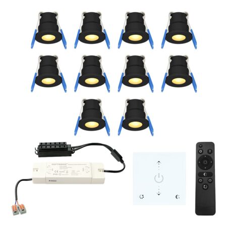 Set van 10 Milano LED Mini Inbouwspots met trafo en muurdimmer - 12 Volt 3 Watt 200 lumen - Dimbaar - Plat 34mm - 2700K - IP65 waterdicht - Zwart | HOFTRONIC