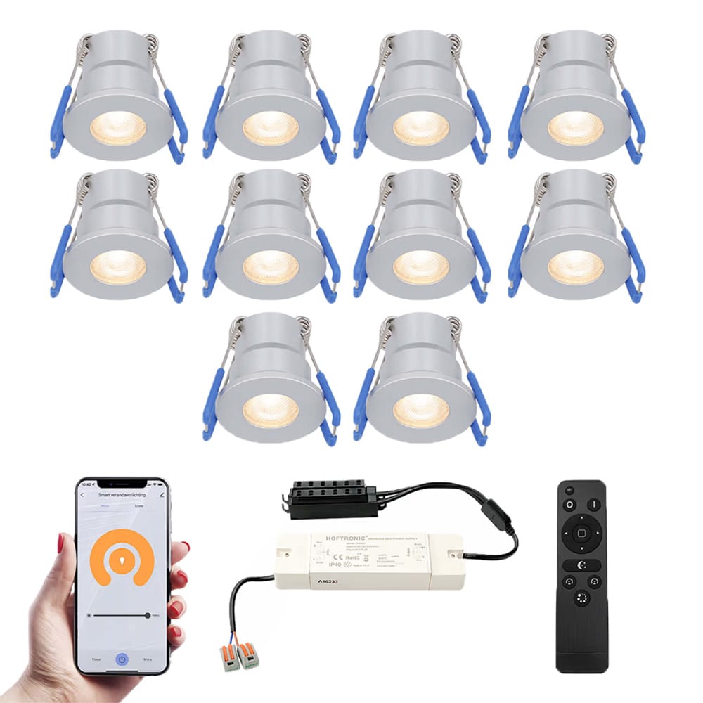Set van 10 Milano Smart LED Mini Inbouwspots - Veranda spots - 12V 3W 200lm - Dimbaar - Wifi & Bluetooth - 2700K - IP65 waterdicht - RVS | HOFTRONIC
