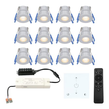 Set van 12 Milano LED Mini Inbouwspots met trafo en muurdimmer - 12 Volt 3 Watt 200 lumen - Dimbaar - Plat 34mm - 2700K - IP65 waterdicht - Grijs | HOFTRONIC