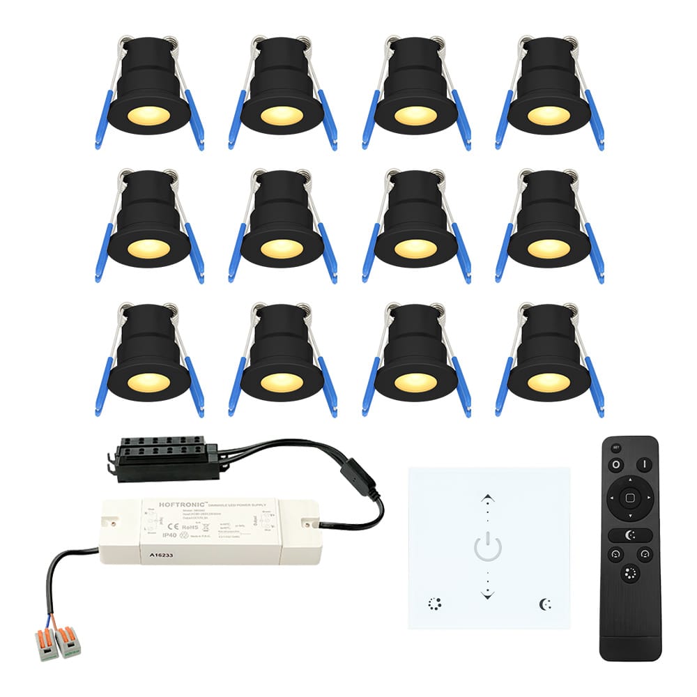 Set van 12 Milano LED Mini Inbouwspots met trafo en muurdimmer - 12 Volt 3 Watt 200 lumen - Dimbaar - Plat 34mm - 2700K - IP65 waterdicht - Zwart | HOFTRONIC