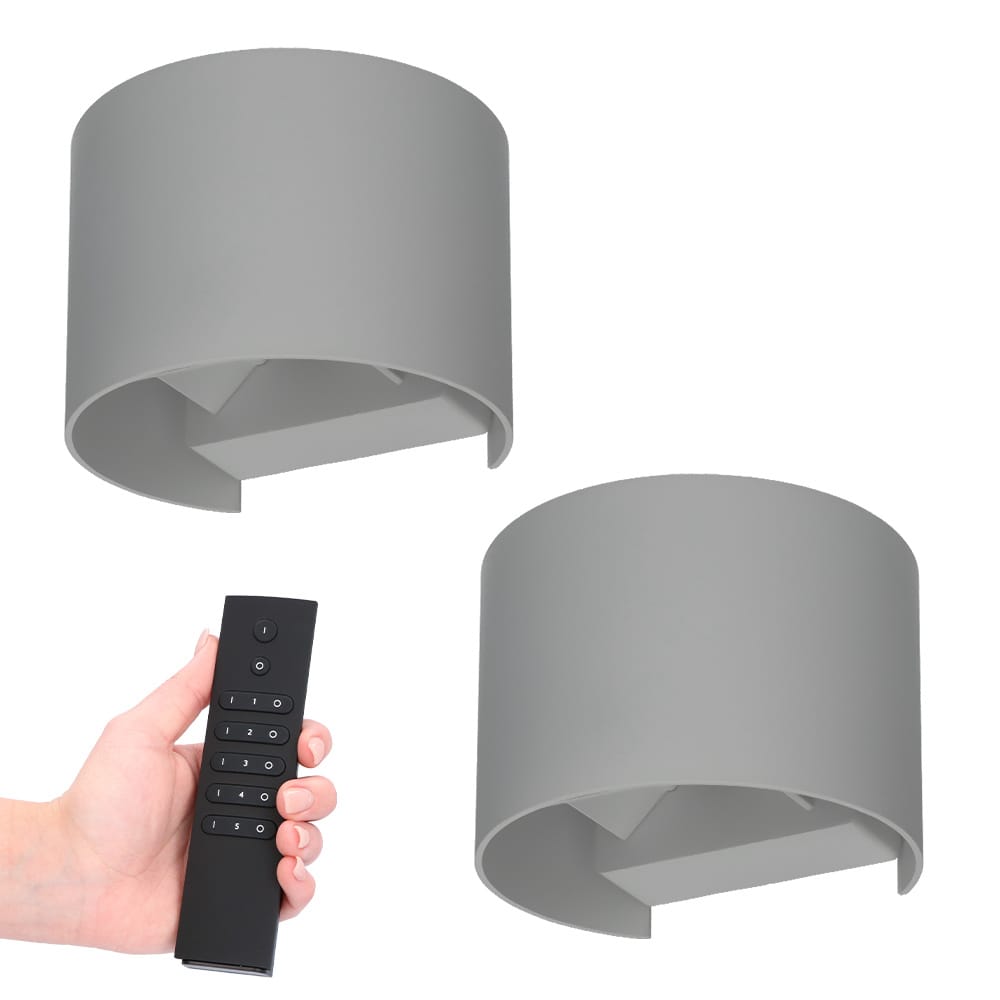Set van 2 Denver LED Wandlampen - 6 Watt 660 lumen - IP54 Waterdicht - 3000K Warm Wit - Dimbaar via afstandsbediening - Buiten - Grijs - Binnen en buiten | HOFTRONIC