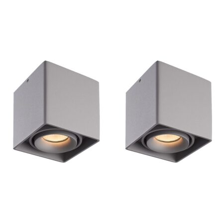 Set van 2 Esto LED vierkante opbouwspots - Dimbaar - Kantelbaar - 4 Watt 345 lumen - 2700K warm wit - GU10 - Plafondspot - Voor binnen - Vervangbare afdekring - Grijs | HOFTRONIC