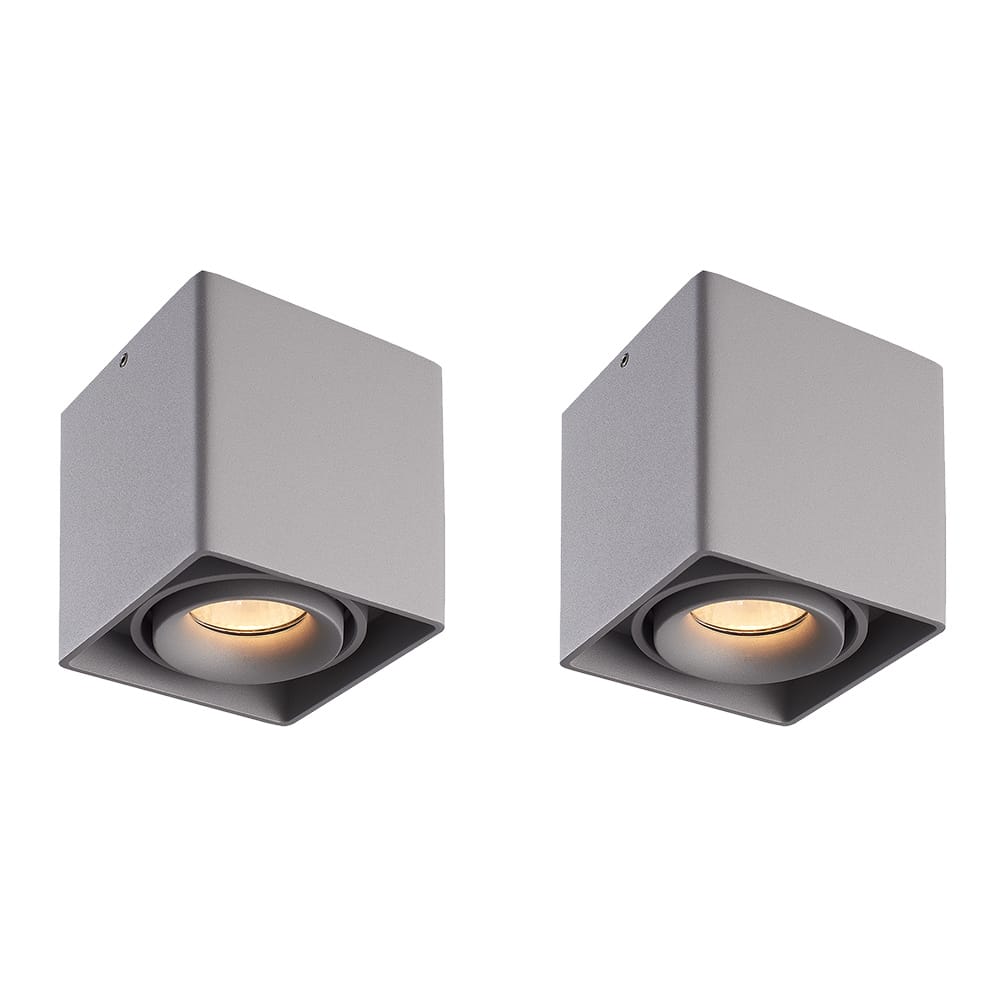 Set van 2 Esto LED vierkante opbouwspots - Dimbaar - Kantelbaar - 4 Watt 345 lumen - 2700K warm wit - GU10 - Plafondspot - Voor binnen - Vervangbare afdekring - Grijs | HOFTRONIC