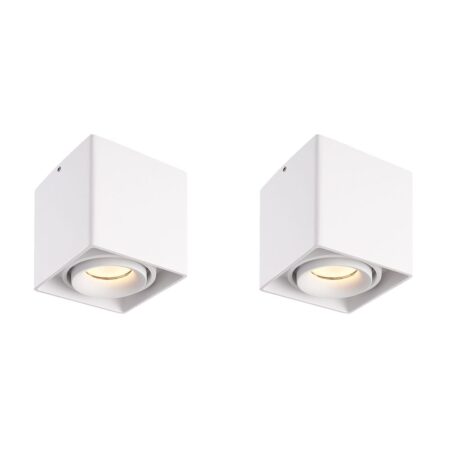 Set van 2 Esto LED vierkante opbouwspots - Dimbaar - Kantelbaar - 4 Watt 345 lumen - 2700K warm wit - GU10 - Plafondspot - Voor binnen - Vervangbare afdekring - Wit | HOFTRONIC
