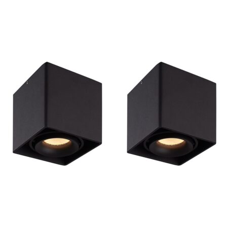 Set van 2 Esto LED vierkante opbouwspots - Dimbaar - Kantelbaar - 4 Watt 345 lumen - 2700K warm wit - GU10 - Plafondspot - Voor binnen - Vervangbare afdekring - Zwart | HOFTRONIC