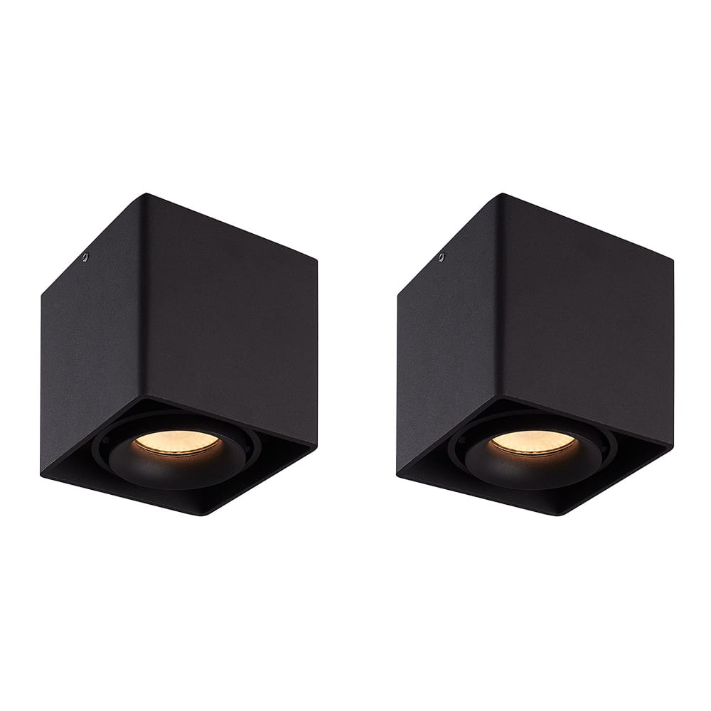 Set van 2 Esto LED vierkante opbouwspots - Dimbaar - Kantelbaar - 4 Watt 345 lumen - 2700K warm wit - GU10 - Plafondspot - Voor binnen - Vervangbare afdekring - Zwart | HOFTRONIC