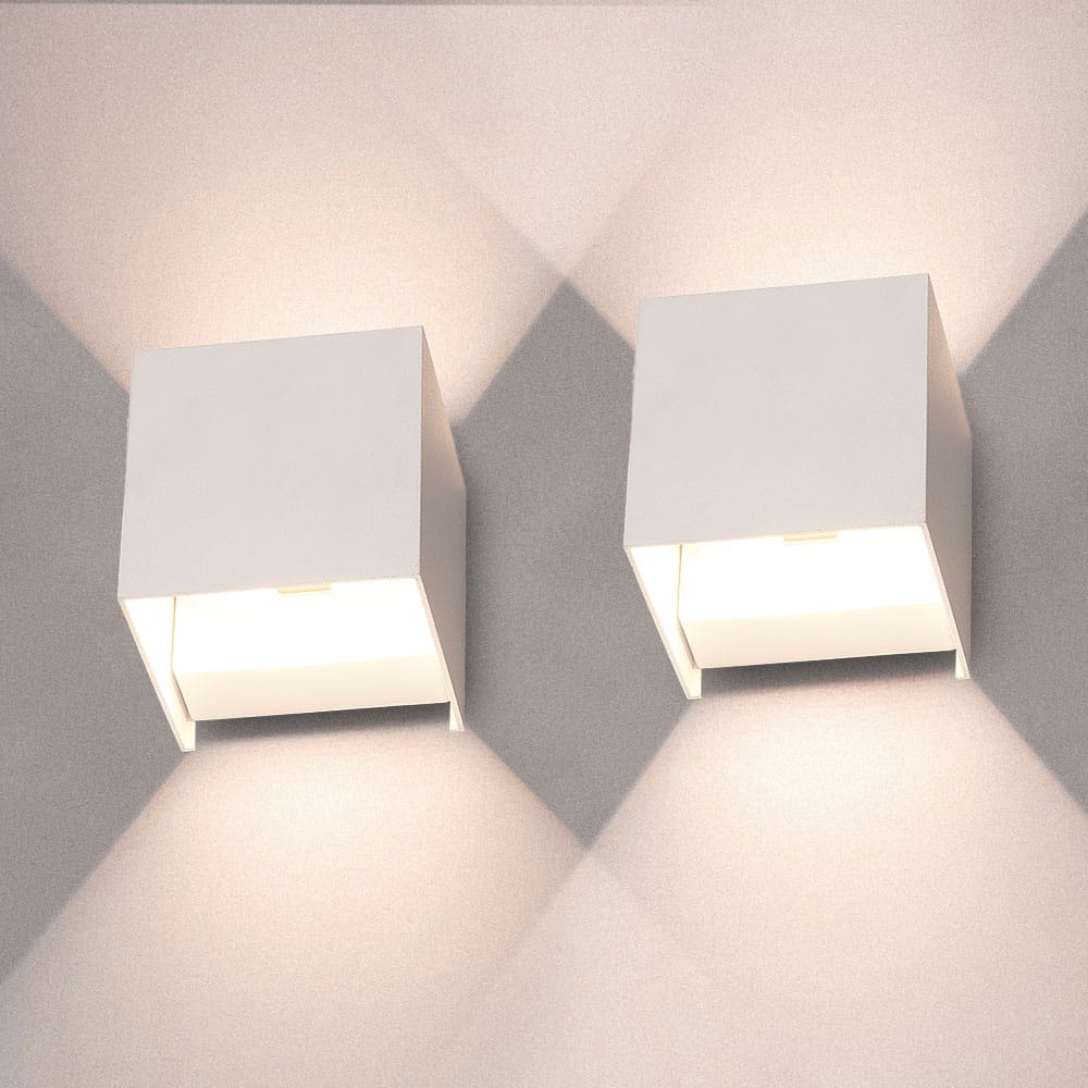 Set van 2 Kansas - LED Wandlamp - 7 Watt 560 Lumen - 3000K Warm wit - Up & Down light - IP65 waterdicht - Kubus - Wand verlichting voor binnen en buiten - Wit | HOFTRONIC