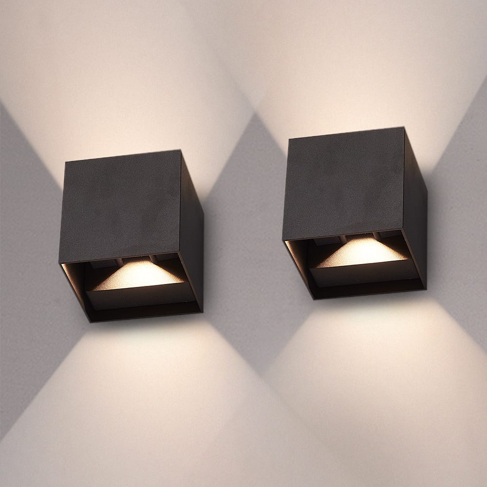 Set van 2 Kansas - LED Wandlamp - 7 Watt 720 Lumen - 3000K Warm wit - Up & Down light - Dimbaar - IP65 waterdicht - Kubus - Wand verlichting voor binnen en buiten - Zwart | HOFTRONIC